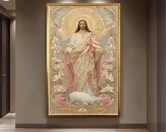 Art Nouveau Jesus Christ Wall Art Print with Lamb and Floral Motif Vintage Style Christian Decor for Sacred Spaces and Prayer Rooms