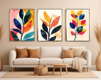 Abstract Botanical Wall Art Set of 3 Colorful Leaf Prints in Modern Minimal Style for Living Room or Bedroom Nature Inspired Decor Color Art