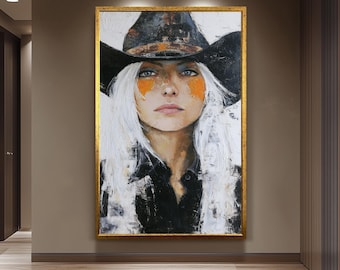 Cowgirl Portrait Abstract Oil Painting | Bold Western Woman Wall Art with White Hair & Black Hat | Textured Canvas Rustic Home Decor