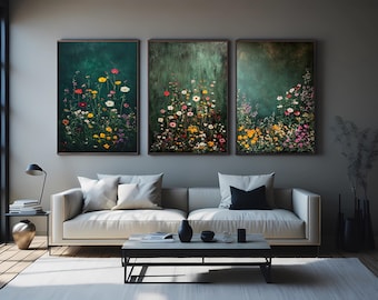 Wildflower Wall Art Set of 3 – Vibrant Botanical Garden Floral Paintings on Deep Green Textured Background for Nature Inspired Decor