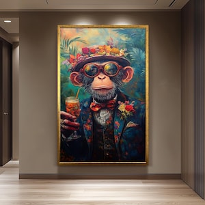 Dapper Monkey Canvas Art – Tropical Chimp with Cocktail
