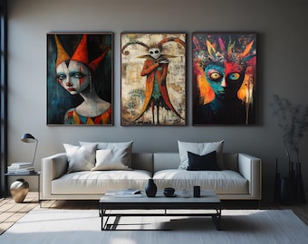 Dark Carnival Clown Canvas Art Set: Gothic Horror Jester Painting