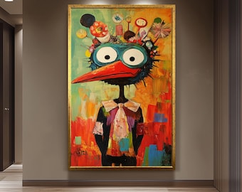 Quirky Colorful Bird Character Painting – Whimsical Abstract Wall Art with Playful Expression, Bright Contemporary Pop Surreal Canvas