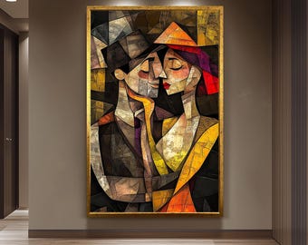 Cubist Couple Wall Art Print | Abstract 3D Cubism Style Modern Art Poster | Romantic Geometric Textured Painting for Home Decor Couple Print