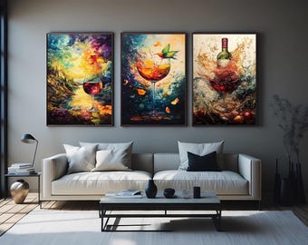 Wine Art Canvas Print Set, Hummingbird and Glass Wall Decor, Elegant Alcohol Painting for Kitchen, Dining Room, Lounge or Bar Area Decor