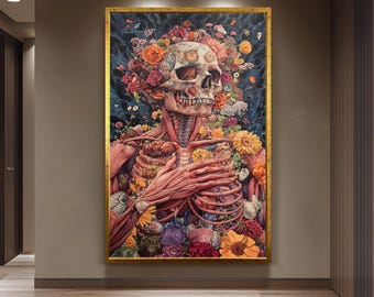 Surreal Human Anatomy Wall Art of Skeleton with Muscles and Flowers in Floral Fantasy Style for Medical, Gothic or Boho Home Decor