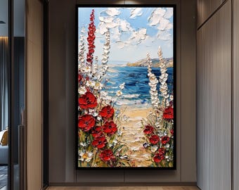 Coastal Wildflower Oil Painting Print, Vibrant Beach Landscape with Red Poppies and Ocean View Wall Art for Nature Inspired Decor Beach Art