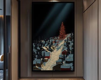 Snowy Christmas Village Night Scene With Glowing Lights – Peaceful Winter Landscape Wall Art Print For Cozy Holiday Season Decor Color Art