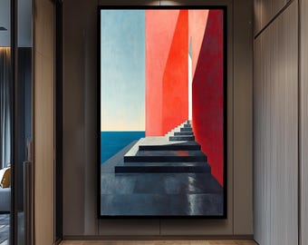 Modern Minimalist Architecture Wall Art Canvas Print, Abstract Staircase and Ocean View Painting in Bold Red and Blue Tones for Home Décor
