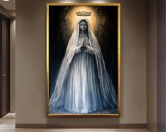Crowned Virgin Mary Painting in Radiant Light and Flowing White Veil, Catholic Spiritual Canvas Art for Prayer Room or Sacred Home Decor