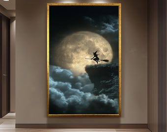Witch Flying on Broomstick in Front of Full Moon – Spooky Halloween Wall Art Print for Witchy Decor, Gothic Aesthetic & Fall Vibes Color Art