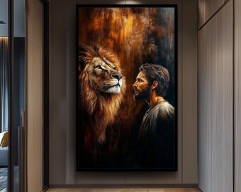 Jesus and Lion Spiritual Wall Art Print, Christian Religious Painting Poster, Symbolic Strength and Faith Canvas, Inspirational Home Decor
