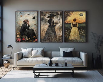 Dark Academia Art Set: Gothic Women, Moonlit Florals - Canvas Prints
