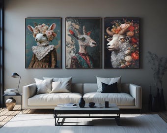 Whimsical Animal Portrait Set: Goat, Ram, Rabbit - Surreal Wall Art