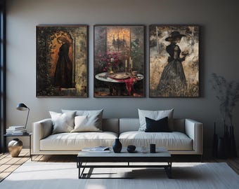 Dark Academia Wall Art Set: Gothic Candlelit Women Portraits