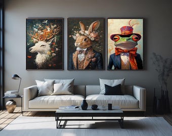 Whimsical Animal Portrait Wall Art Set of 3 – Dressed Rabbit Frog and Fantasy Deer Prints – Surreal Anthropomorphic Animal Decor for Home