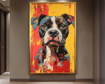 Colorful Boxer Dog Pop Art Portrait on Canvas, Abstract Animal Painting with Bold Red Yellow Background for Modern Pet Lovers Decor