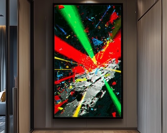 Colorful Neon Liht Explosion On Black Textured Background Canvas Wall Art, Modern Abstract Painting For Vibrant Room Decoration Colorful Art