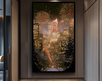 Golden Fireworks Lighting Up The Night Sky Over A Snowy City Skyline With Illuminated Skyscrapers And Festive Winter Ambience  Colorful Art