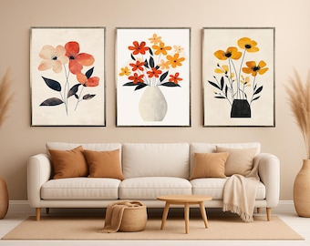 Minimalist Floral Wall Art Set of 3 – Modern Botanical Flower Prints in Warm Tones – Neutral Aesthetic Decor for Living Room or Bedroom