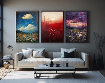 Wildflower Field and Sky Landscape Wall Art Set of 3 Colorful Nature Oil Paintings with Sunset, Clouds, and Floral Meadows Landscape Artwork