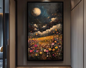 Moonlit Wildflower Field Wall Art Print, Dreamy Floral Landscape Painting with Night Sky and Stars for Boho Nature Inspired Home Decor