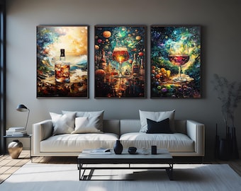 Cosmic Wine & Whiskey Canvas Art Set: Abstract Galaxy Drink Prints