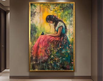Romantic Nature Wall Art of Woman Sitting with Bird in Vibrant Forest Setting | Dreamy Impressionist Painting with Soft Light and Florals