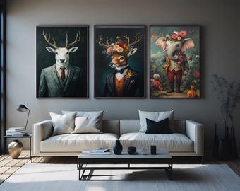 Elegant Animal Wall Art Set of 3 – Dressed Deer and Elephant Portraits with Floral Details and Whimsical Vintage Clothing  Animal Wall Decor