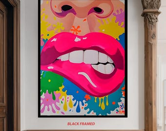 Colorful Lips Pop Art Canvas Wall Art – Bold Bright Pink Mouth with Paint Splashes – Modern Funky Urban Art for Trendy Wall Decor