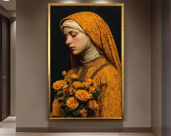 Mother Mary in Golden Robes with Yellow Roses | Peaceful Virgin Mary Canvas Art | Catholic Religious Wall Decor for Faithful Homes