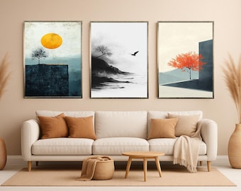 Cliffside Trees Canvas Print Set: Modern Nature Wall Art