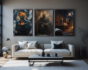 Dark Fantasy Art Prints Set of 3, Gothic Horror Wall Decor, Mysterious Surreal Creature Artwork Macabre Poster Set for Haunted Room or Study