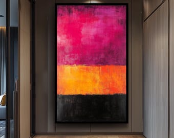 May include: Abstract painting with a black frame. The artwork features three horizontal bands of color: a vibrant pink at the top, a warm orange in the middle, and a deep black at the bottom. The painting is displayed in a hallway.