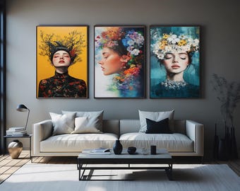 Floral Woman Portrait Art Set: Surreal Botanical Canvas Prints