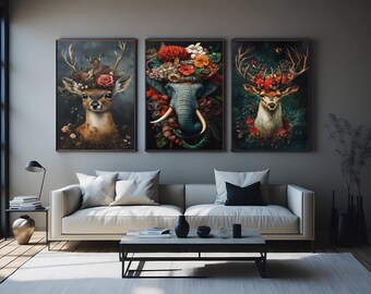 Floral Animal Canvas Print Set: Elephant, Deer - Surreal Wall Art