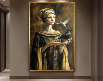 Mystical Woman Wall Art in Golden Robe with Crow and Dove | Surreal Fantasy Portrait with Symbolic Birds and Renaissance Elegance, Woman Art