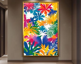 Tropical Leaf Pattern Wall Art Print – Colorful Papercut Inspired Flat Design for Modern Jungle Theme Home, Bold Vibrant Botanical Decor