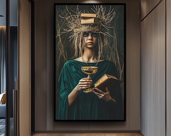 Surreal Gothic Wall Art of Mysterious Woman in Green Holding Golden Chalice and Book with Crown of Branches and Ancient Tomes Queen Wall Art