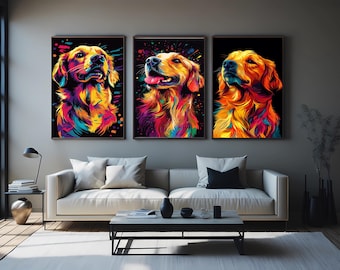 Golden Retriever Pop Art Canvas Print Set: Modern Dog Lover Decor