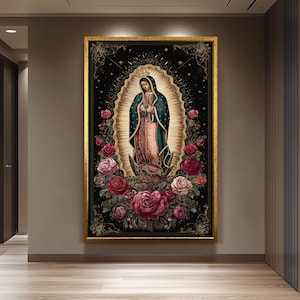 Our Lady Of Guadalupe Full Body Wall Art Catholic Canvas Print With Crown Angel And Roses Surrounded By Gold Light On Black Background
