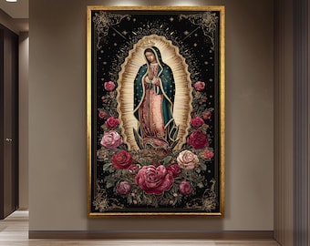 Our Lady Of Guadalupe Full Body Wall Art Catholic Canvas Print With Crown Angel And Roses Surrounded By Gold Light On Black Background