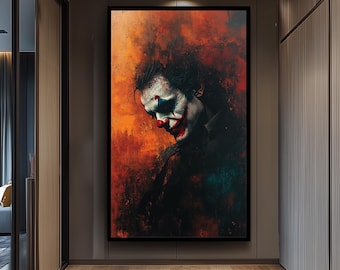 Sad Clown Canvas Wall Art – Emotional Abstract Painting with Fiery Orange Background, Gothic Home Decor or Unique Pop Culture Gift Clown Art