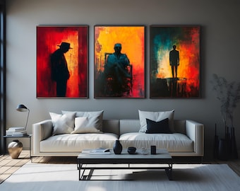 3 Piece Silhouette Wall Art Set, Modern Abstract Figures on Red Orange Background, Bold Contemporary Canvas Prints for Home Decoration