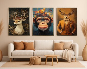 Surreal Animal Wall Art Set of 3 – Abstract Chimpanzee Robot Explosion, Elegant Deer in Suit, Nature-Inspired Floral Antler Stag Prints
