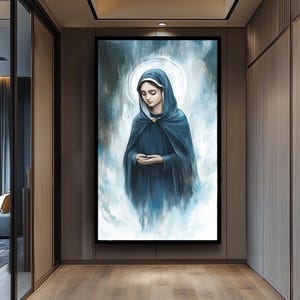 Contemporary Virgin Mary Painting in Blue Cloak with Radiant Halo, Serene Spiritual Canvas Art for Catholic Home or Prayer Room Decor