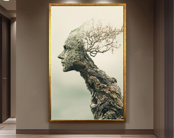 Surreal Tree Human Face Wall Art Nature Spirit Canvas Print, Abstract Wooden Sculpture Portrait for Organic and Earthy Home Décor, Tree Art