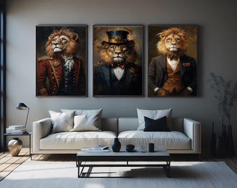 Victorian Steampunk Lion Portrait Art - Set of 3 - Regal Animal Prints