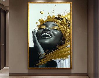Golden Joyful Woman Wall Art, Black and Gold Abstract Portrait, Modern Luxury Canvas Print, Elegant Feminine Artwork, Home Decor Wall Art