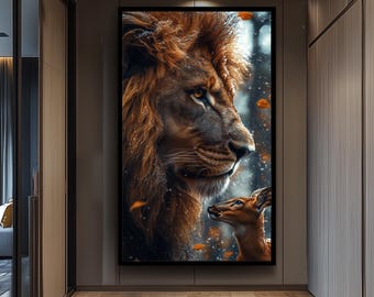 Lion and Deer Winter Forest  Wall Art – Surreal Wildlife Scene for Living Room, Cabin or Office Unique Nature Decor and Gift for Art Lovers